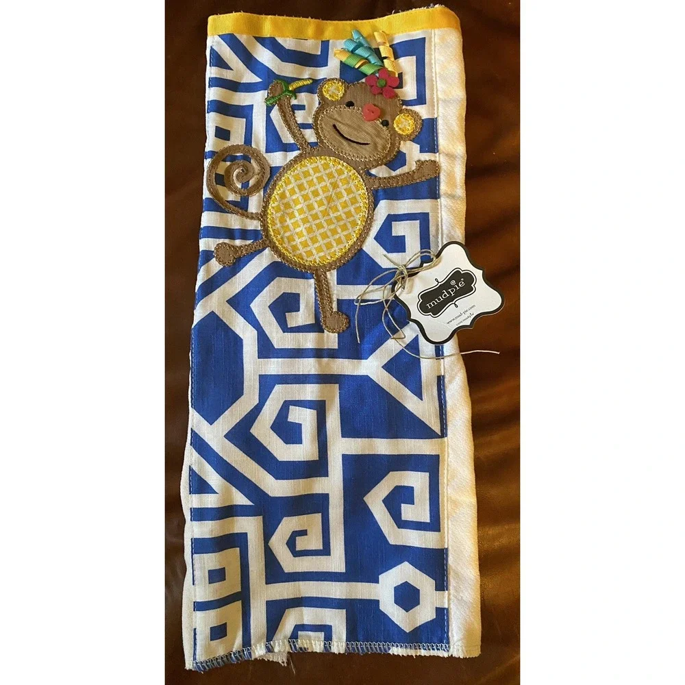 Mud Pie monkey burp cloth nwt embroidered ribbon gift baby shower